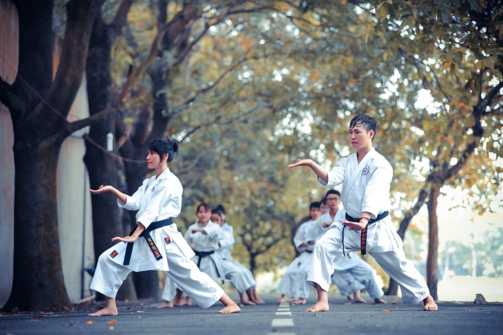 Kung Fu instructors leading a class in a park