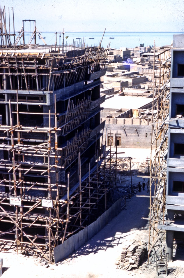 Construction site with multiple buildings in progress